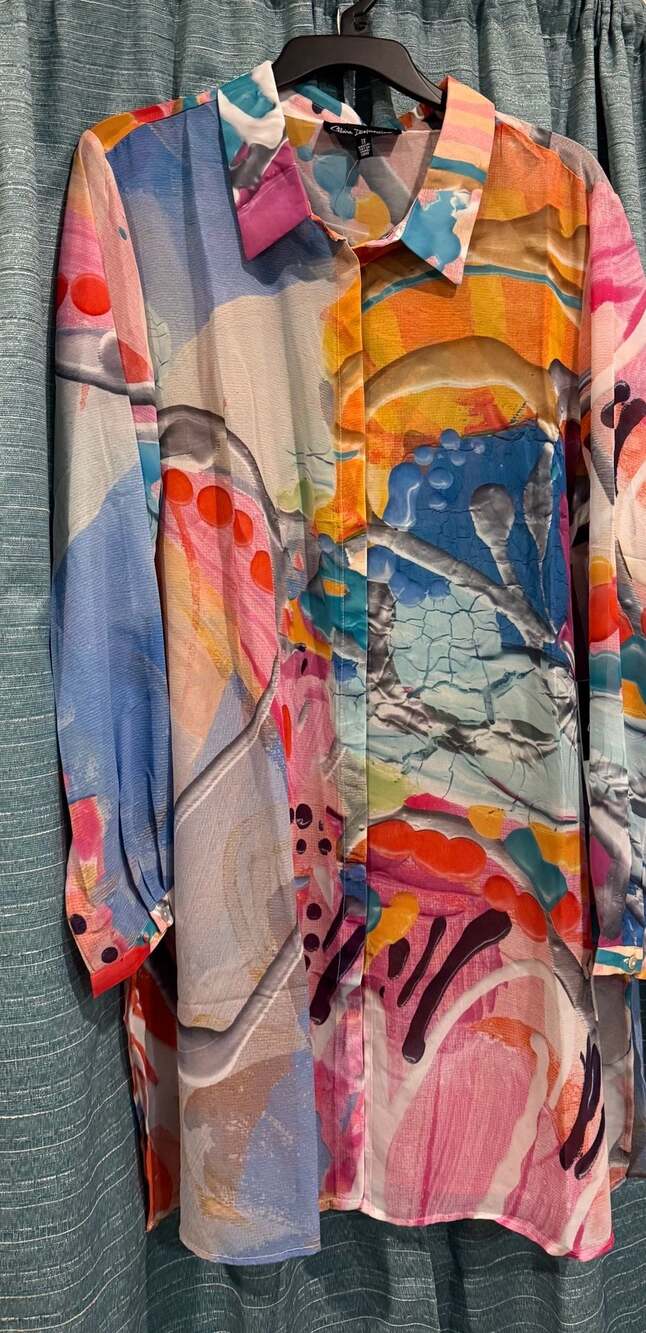 Claire Desjardins Abstract Print Button Down Shirt. Whimsical. Fairy, Beach Vaca